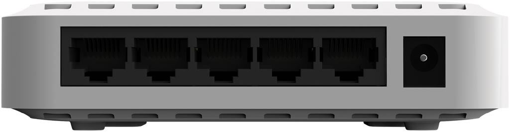 Weißer Netzwerk-Switch mit 5 Ports. Er hat einen Stromanschluss auf der rechten Seite.