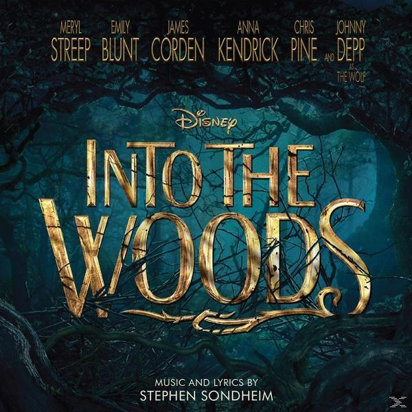 Into the Woods CD borító. Arany cím erdei háttéren, a szereplők neveivel.
