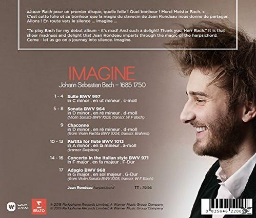 Album-Rückseite. Ein lächelnder Mann. Text: Imagine, Johann Sebastian Bach, Sonata, Chaconne.