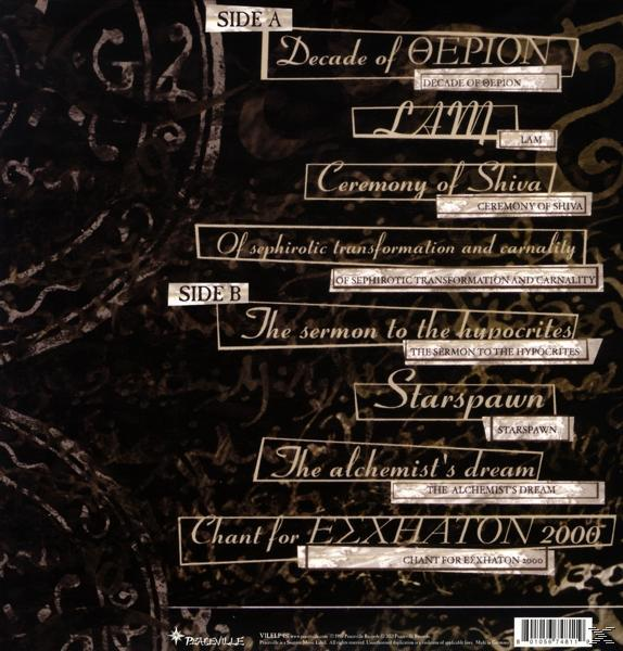 Albumcover mit Songtiteln und Text, darunter 'Decade of ΘEPIION' und 'Ceremony of Shiva'.