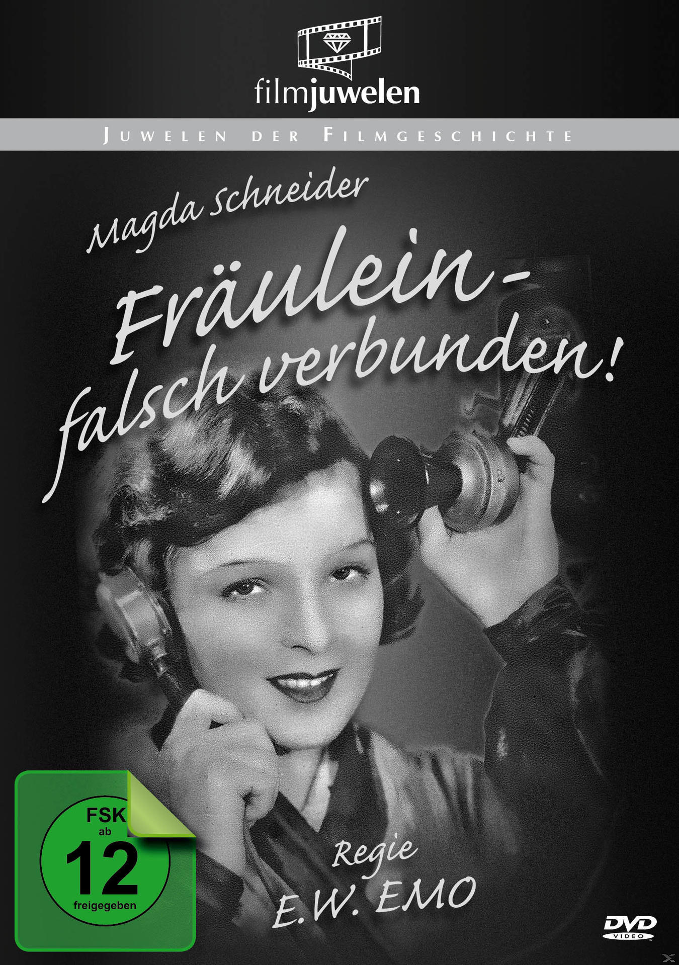 Schwarz-Weiß-Filmposter einer Frau mit Telefon. Titel: Fräulein - falsch verbunden!