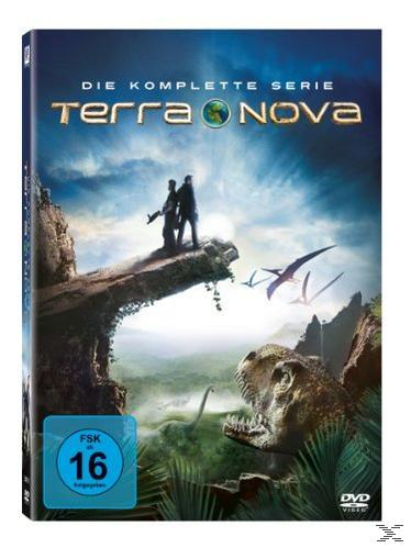 DVD-Cover, zwei Figuren auf einer Klippe mit Blick auf eine Dinosaurierszene. Titel: Terra Nova. Blauer Himmel mit Pterodaktylen.