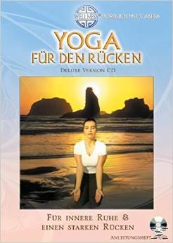 DVD-Cover: Frau in Yoga-Pose am Strand bei Sonnenuntergang. Text auf Deutsch über Yoga für den Rücken.