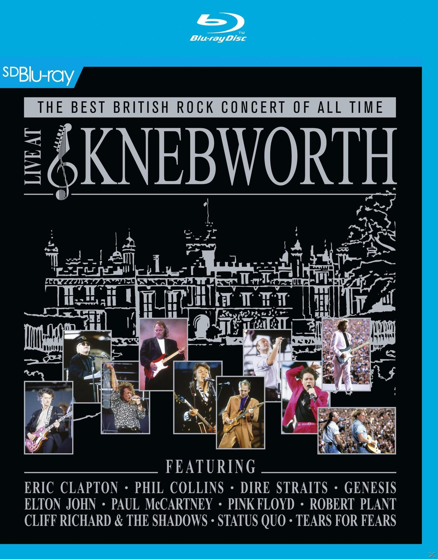 Blu-ray-Cover: Knebworth-Konzert mit verschiedenen Rockkünstlern, mit blauem Hintergrund.
