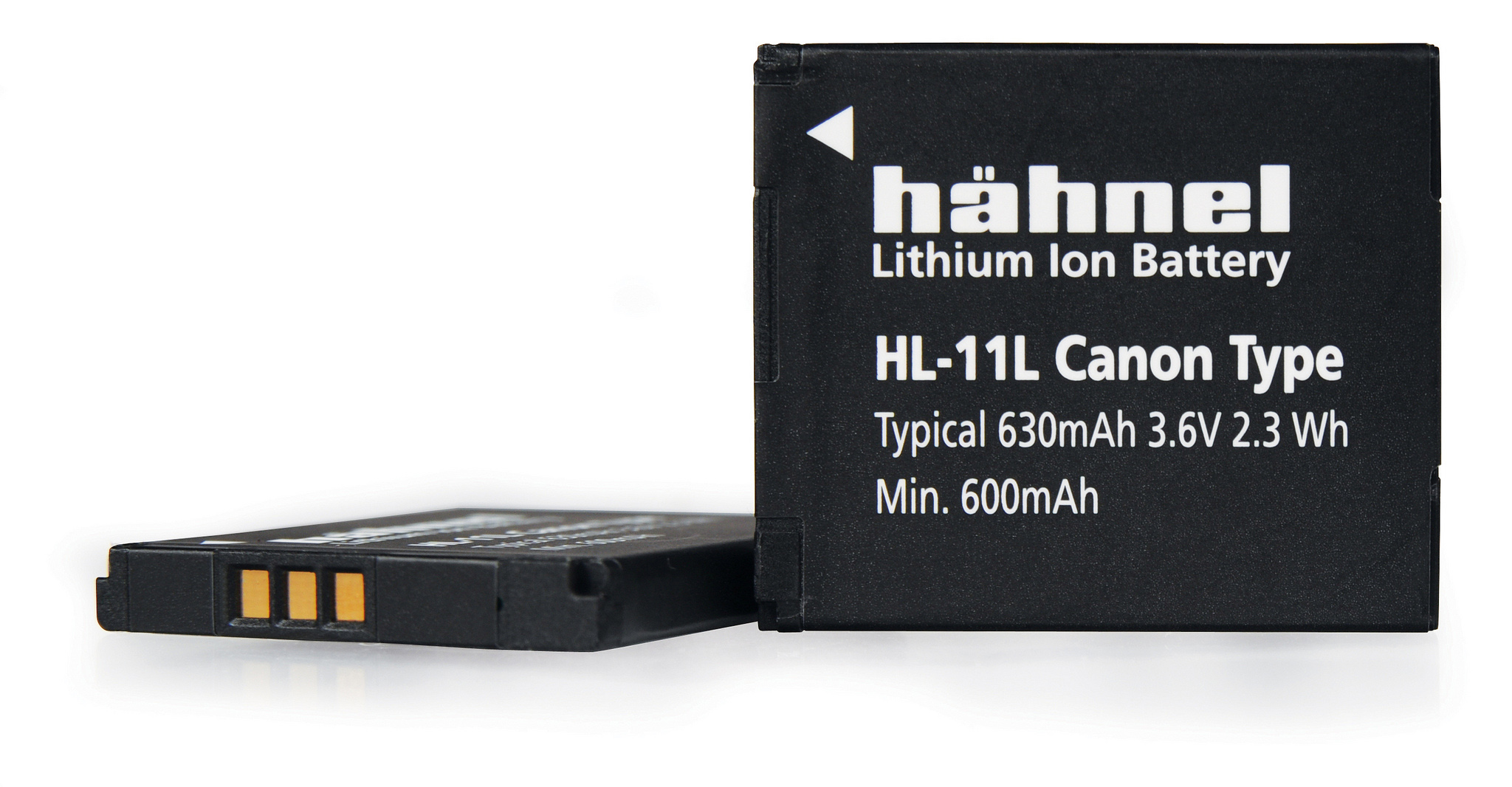Zwei schwarze Hänel Lithium-Ionen-Akkus, HL-11L Canon Type, weißer Hintergrund.