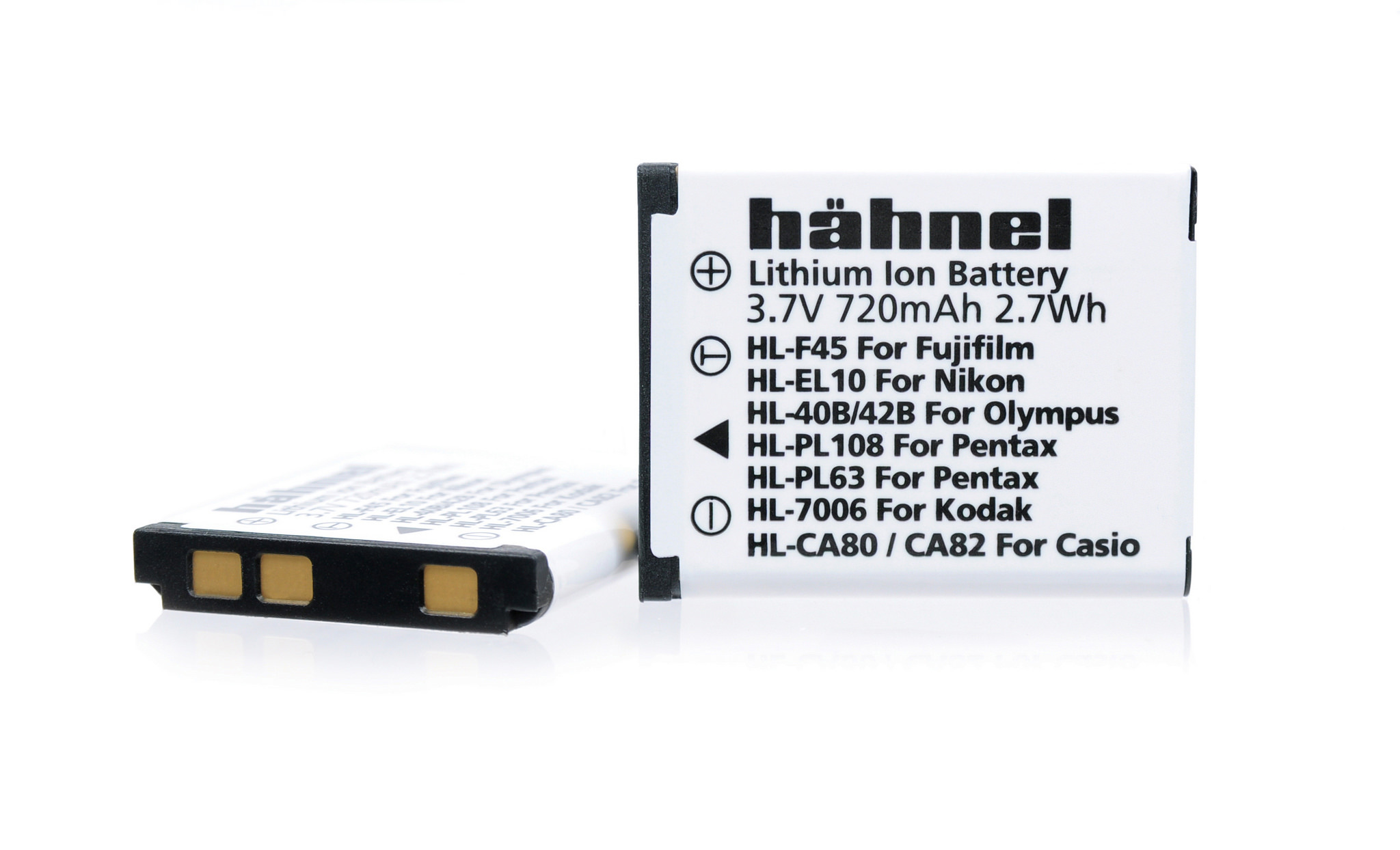 Weißer Hintergrund. Zwei kleine Batterien mit Text: 'Lithium-Ionen-Batterie' und kompatible Modelle.
