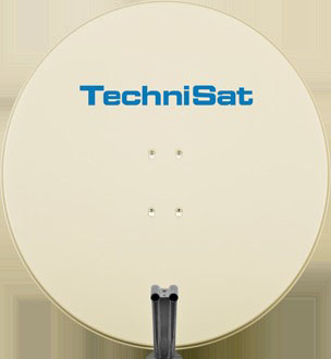 Satellitenschüssel, weiß mit blauem TechniSat-Logo.
