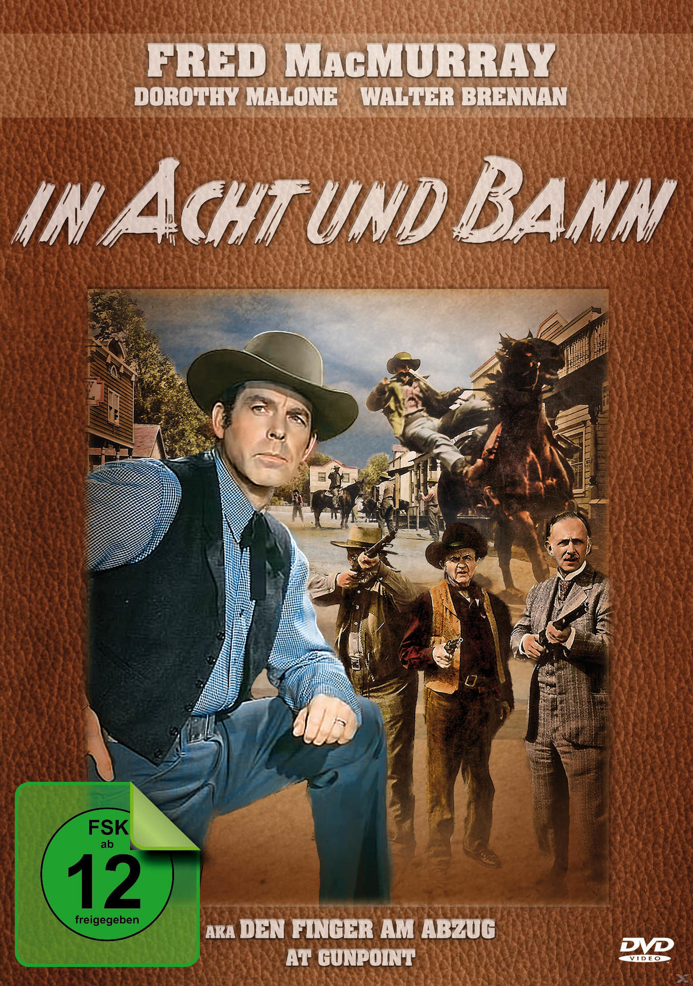 DVD-Cover 'In Acht und Bann' mit Fred MacMurray und einer Szene mit Cowboys und Pferden.