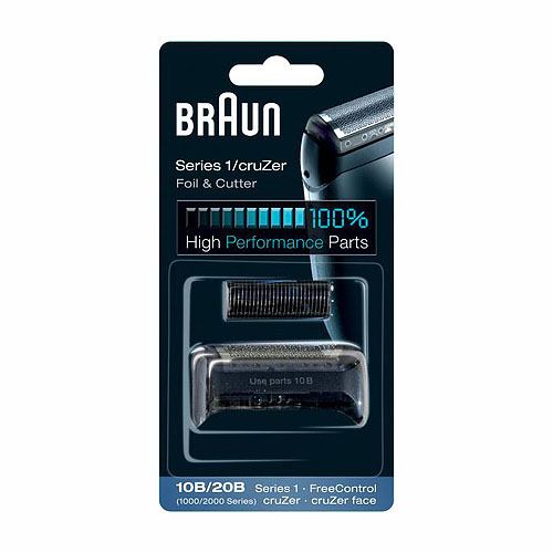 Braun folie- en snijonderdelen verpakking. De onderdelen worden op een zwarte achtergrond weergegeven.