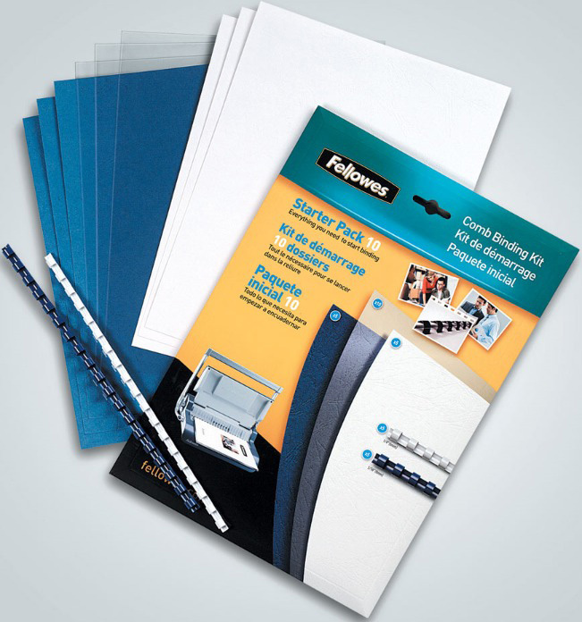 Un kit de reliure Fellowes avec des peignes de reliure bleus et blancs et des papiers.