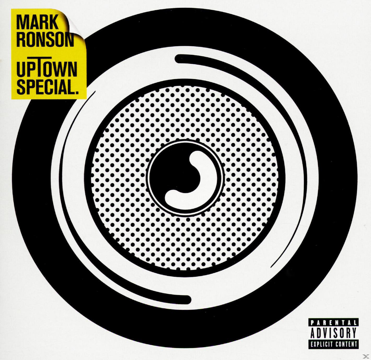 Albumhoes: Zwart-wit oogontwerp, Mark Ronson Uptown Special, gele tekst en ouderlijk advies.