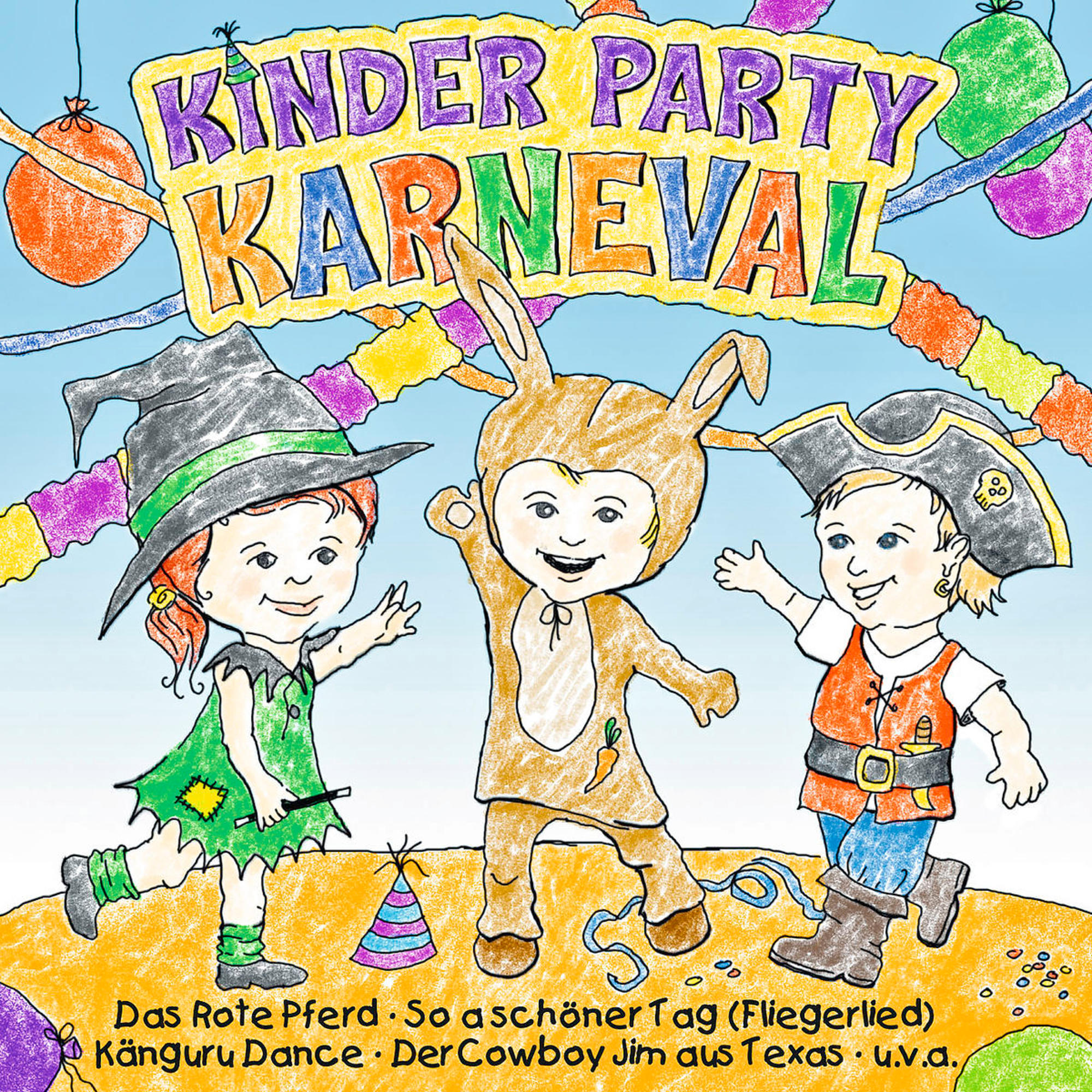 Buntes, illustriertes Cover für eine Kinderkarnevalsparty mit kostümierten Kindern und Dekorationen.