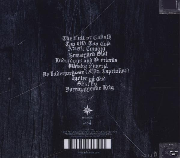 Album-Rückseite mit einer Liste von Songtiteln in weißer Schrift auf dunklem, strukturiertem Hintergrund.