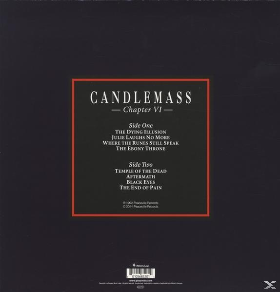 Schwarzer Hintergrund mit einem gerahmten Text, Albumdetails und Trackliste.