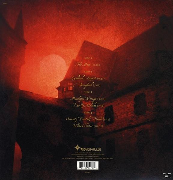 Album-Rückseite. Roter Hintergrund mit einer Burgsilhouette und Titelliste. Weißer Text.