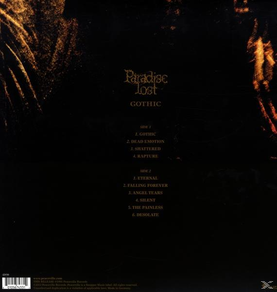 Albumcover, schwarzer Hintergrund, Paradise Lost Gothic Album-Trackliste, einschließlich 'Gothic' und 'Eternal'.