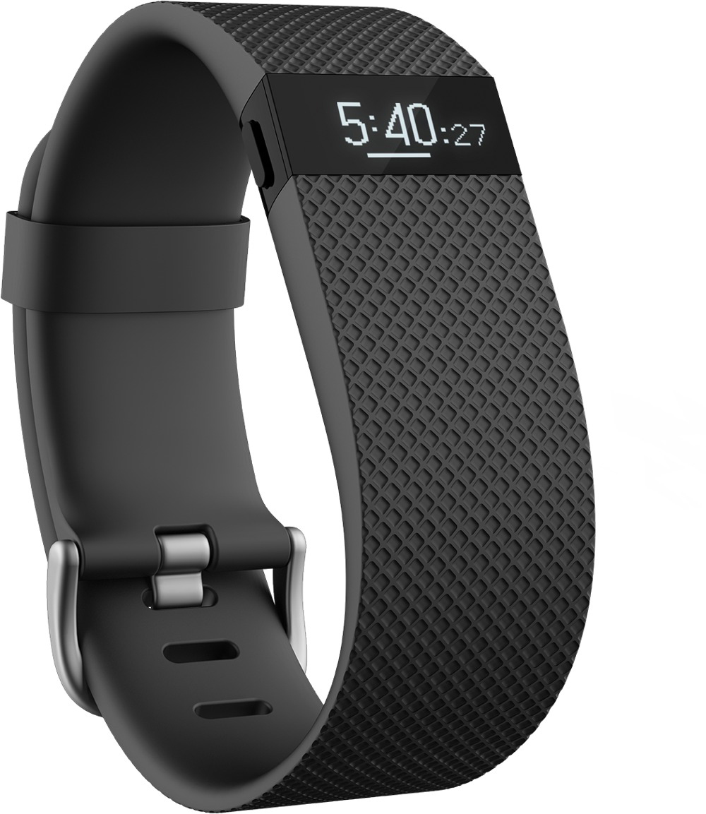Schwarzer Fitnesstracker, der die Zeit 5:40:27 anzeigt. Er hat ein strukturiertes Band und eine silberne Schnalle.
