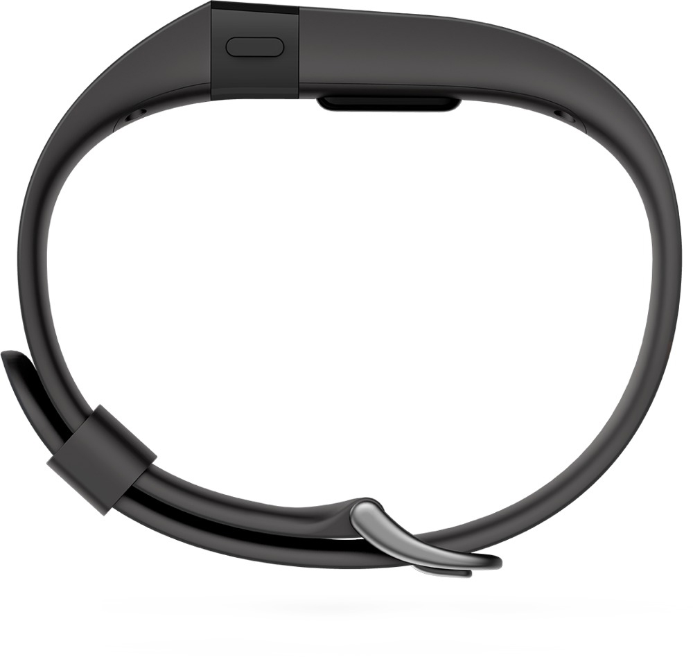 Ein schwarzer Fitnesstracker, von oben gesehen, vor weißem Hintergrund. Das Band ist oval geschlungen.