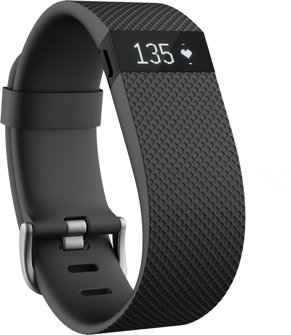 Schwarzer Fitnesstracker mit digitaler Anzeige, die eine Herzfrequenz von 135 und ein Herzsymbol zeigt.