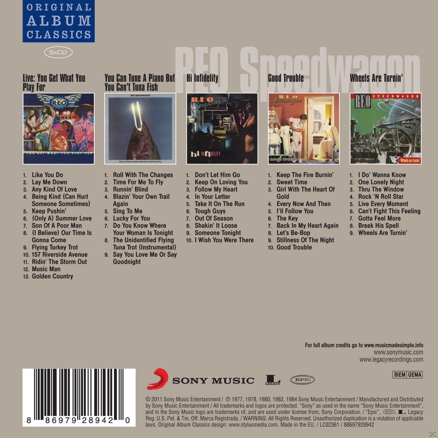 Album mit mehreren Albumcovern und Titellisten für REO Speedwagon mit weißem Hintergrund.