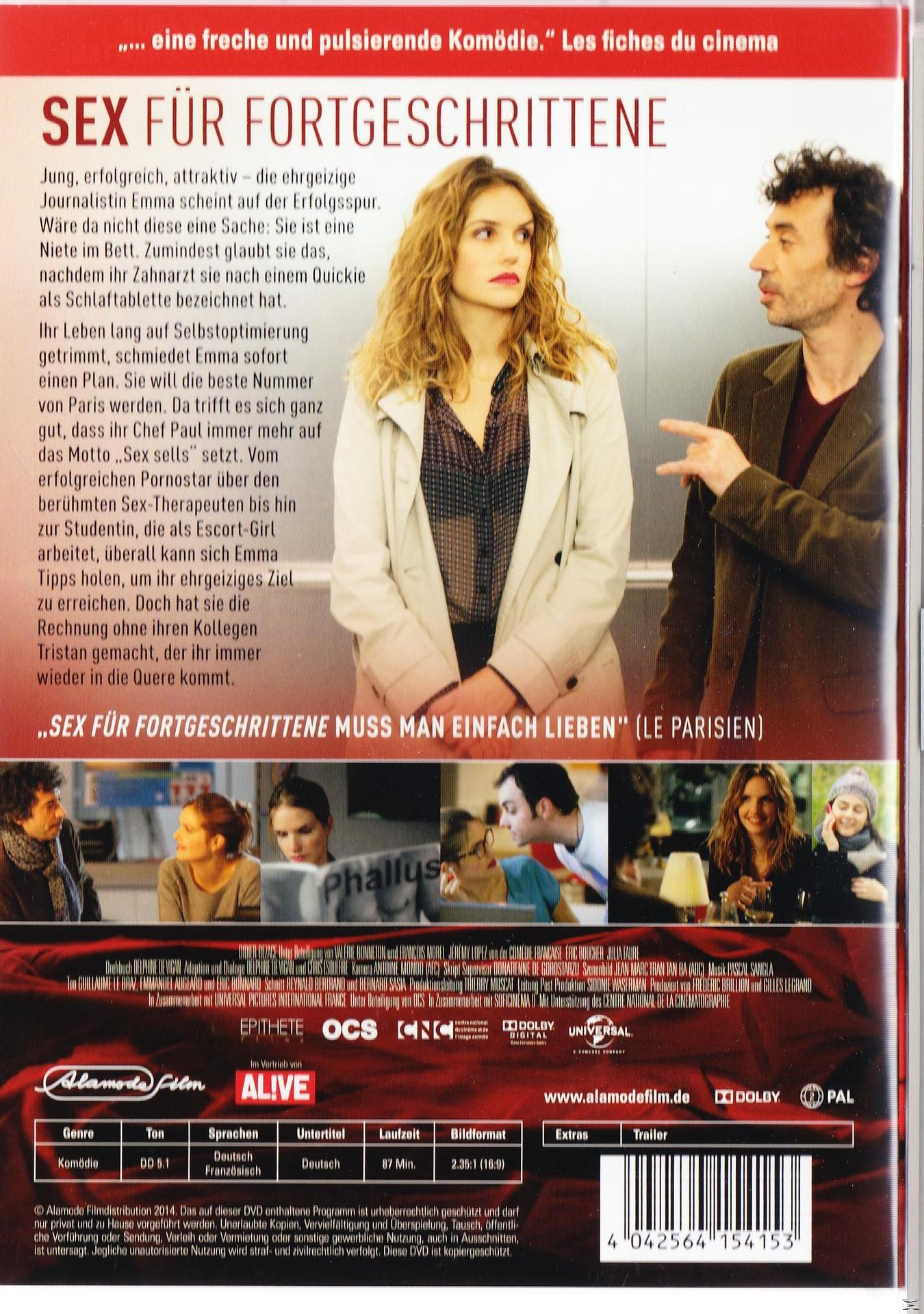 DVD-Cover mit einer Frau und einem Mann mit Text über einen Film mit dem Titel 'Sex für Fortgeschrittene'.
