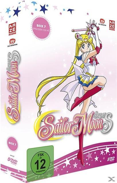 DVD-Cover: Sailor Moon Anime-Box-Set, rosa, weiß und blaue Farben. Zeichentrickfigur.