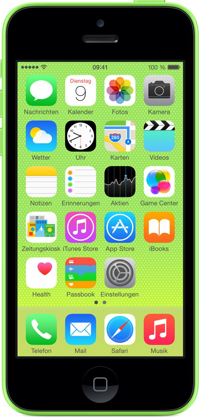 Ein grünes iPhone mit schwarzem Bildschirm. Es zeigt verschiedene App-Symbole. Der Bildschirm zeigt Apps.