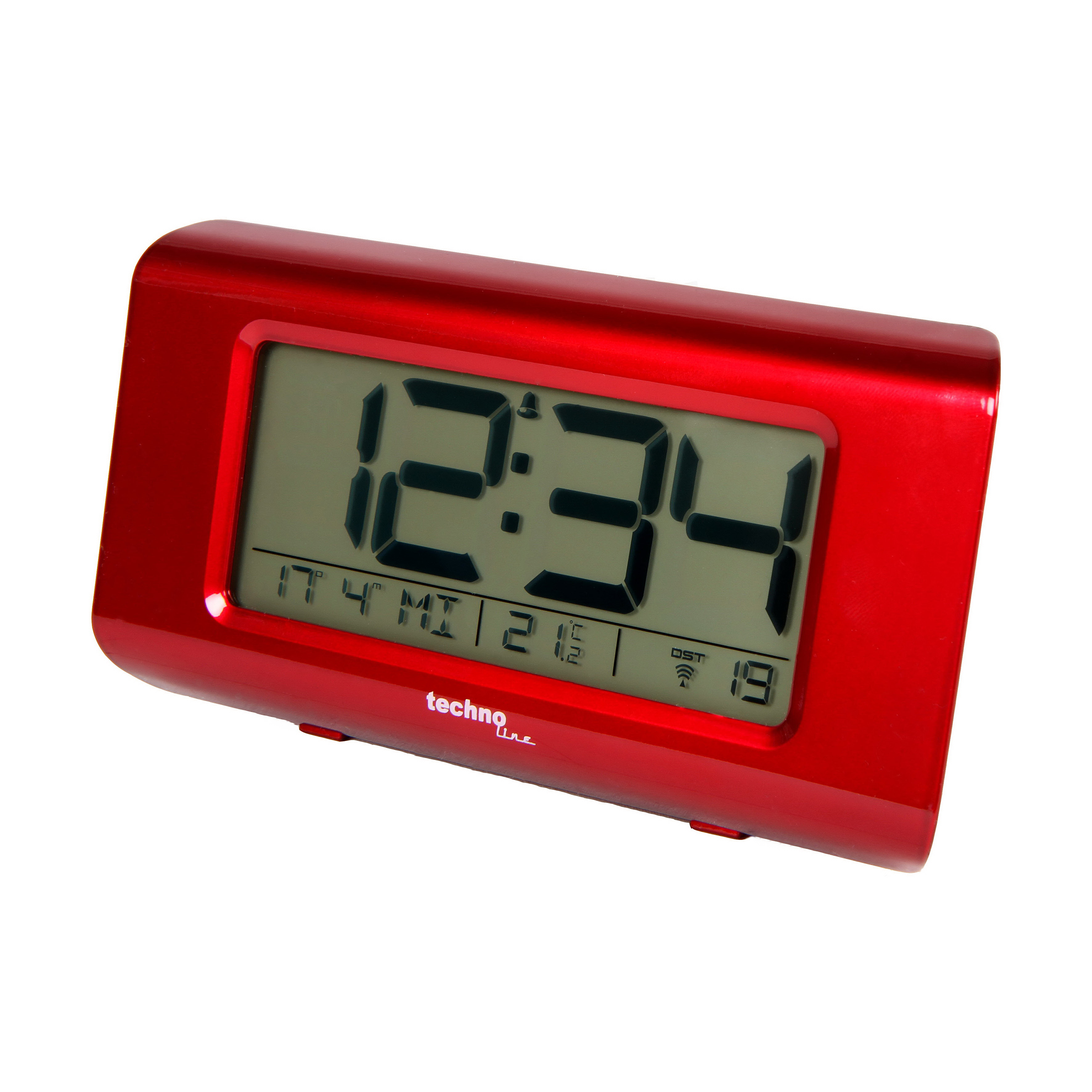 Rote Digitaluhr, die 12:34 anzeigt, mit Datums- und Temperaturanzeige. Die Marke ist 'technoline'.