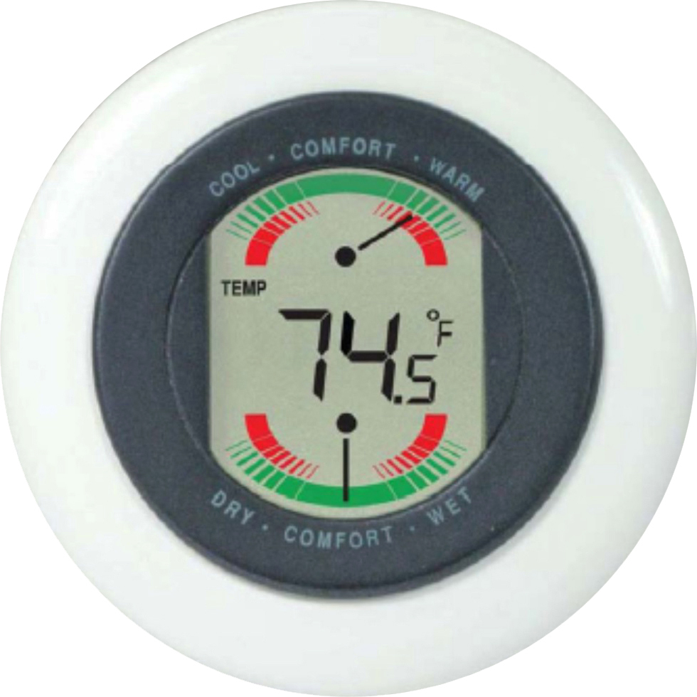 Runder Thermostat mit Digitalanzeige der Temperatur.