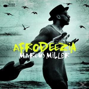 Albumcover: Afrodeezia, Marcus Miller. Ein Mann mit Hut hält Gitarre, geht aufs Meer zu, Vögel fliegen.