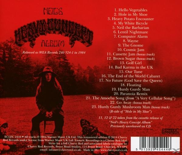 Albumcover mit 'Neil's Heavy Concept Album'-Titel, Frau im Feld, Trackliste und Text.