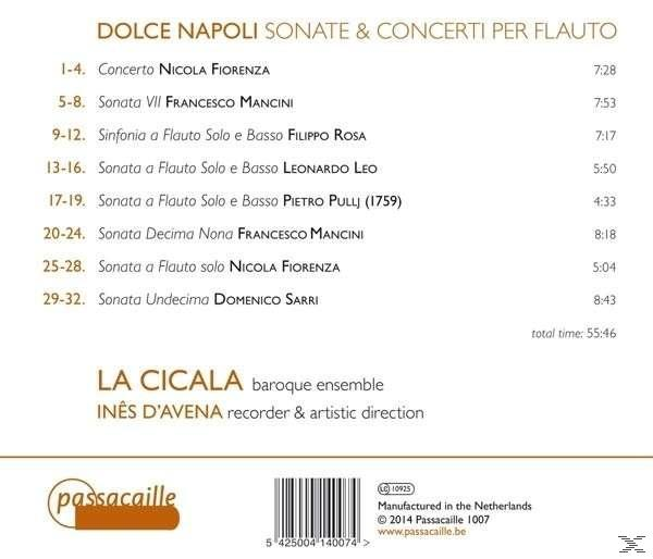 Album-Rückseite mit Titelliste für 'Dolce Napoli'. Enthält ein Barockensemble und Credits.