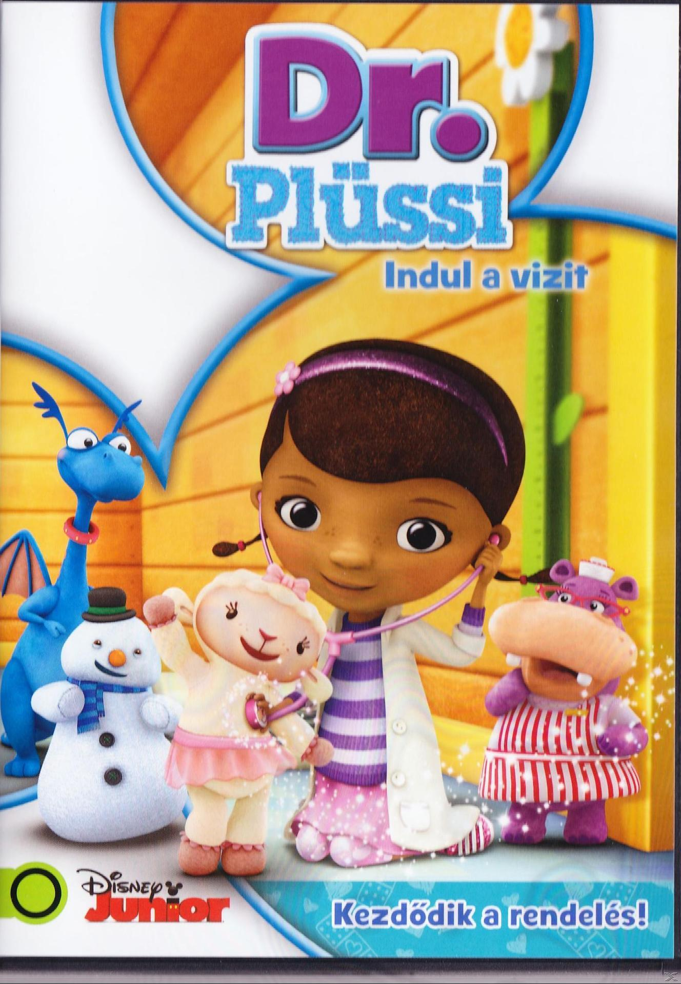 A 'Dr. Plüssi' DVD borítója, rajzfilmfigurákkal, egy orvossal és állatokkal.