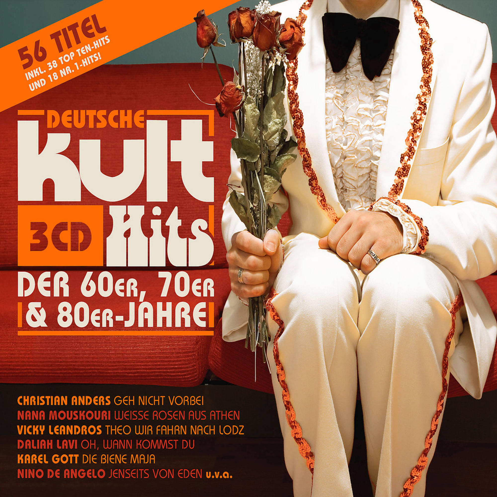 Albumcover. Mann im Smoking hält Blumen. Text: Deutsche Kult Hits, Der 60er, 70er & 80er Jahre.