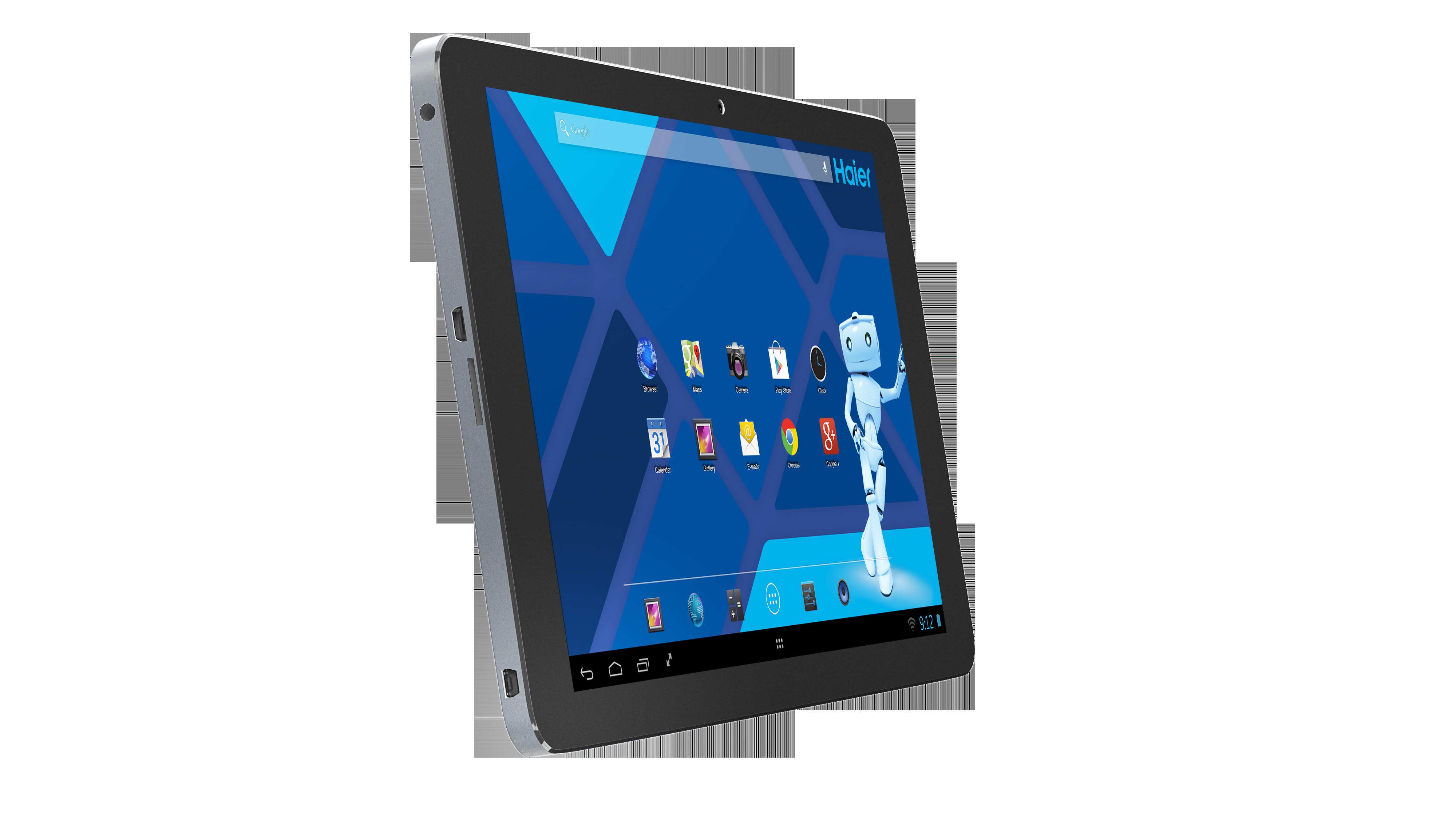 Ein schwarzes Tablet mit einem Haier-Logo auf dem Bildschirm und einer Roboter-Grafik.