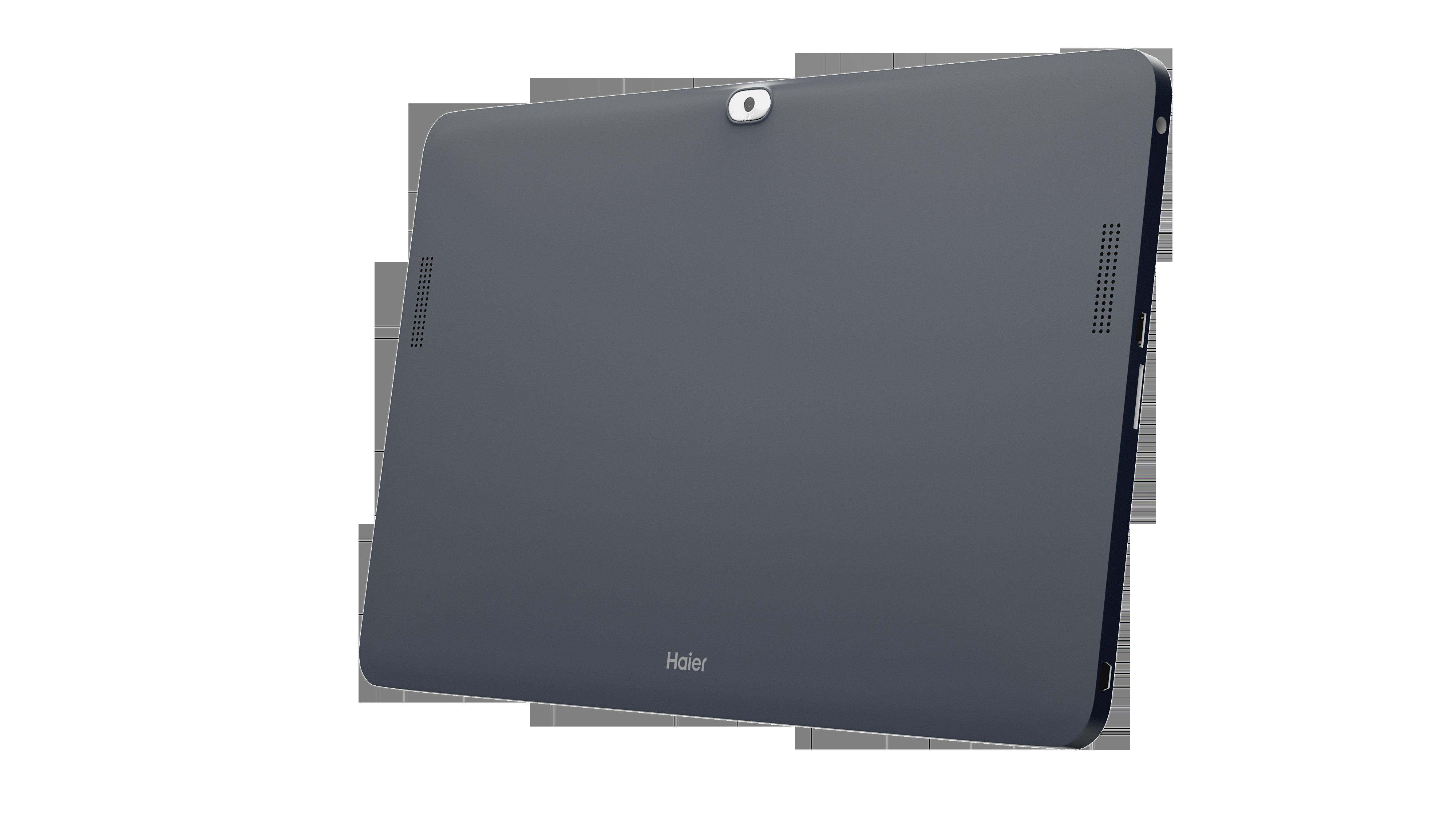 Rückseite eines dunkelgrauen Tablets mit Kamera, kleinem Lautsprecher und der Marke 'Haier'.