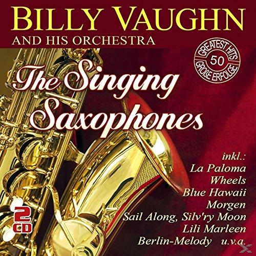 Albumcover. Goldenes Saxophon. Text in Rot und Gelb: The Singing Saxophones.