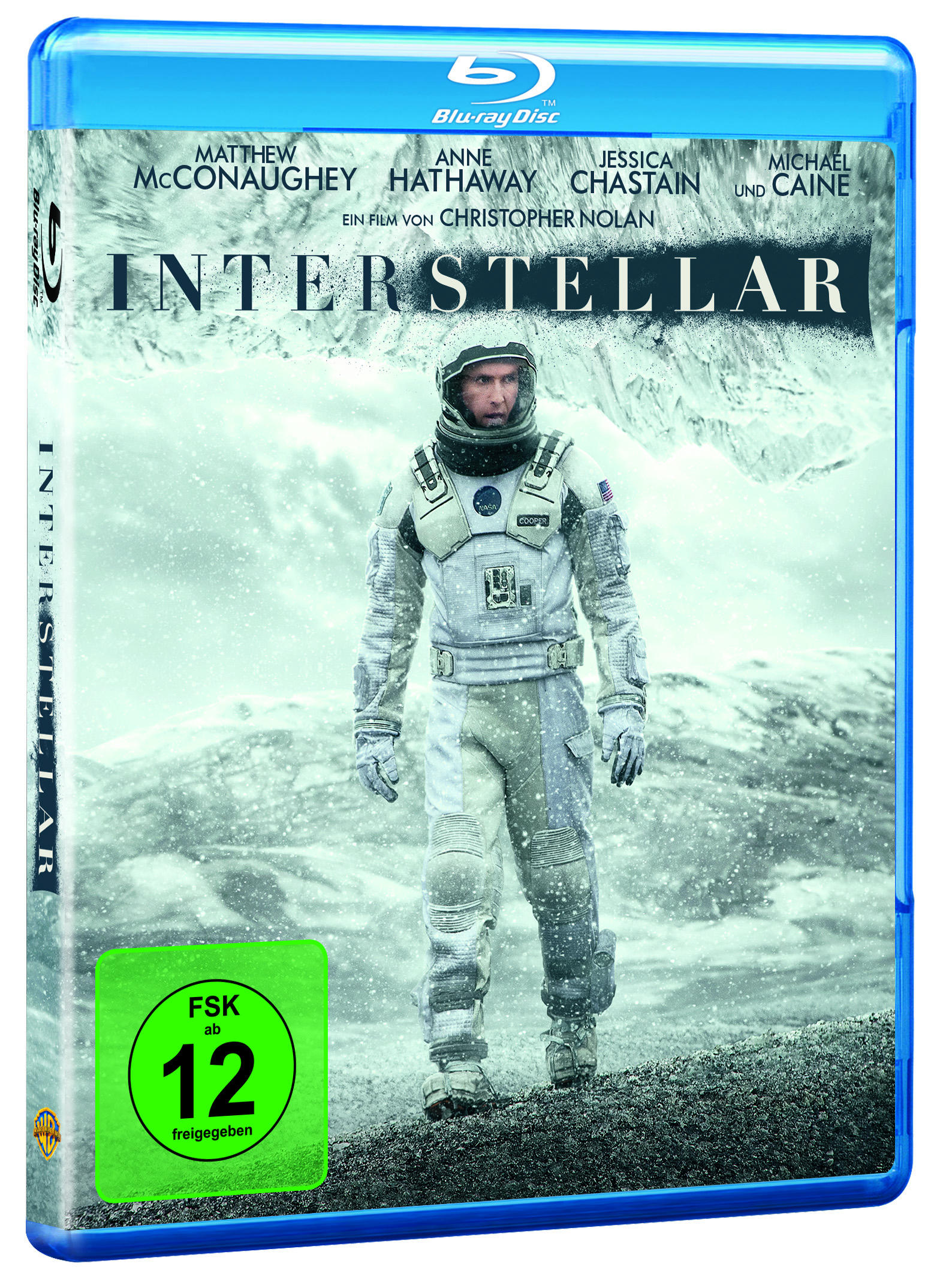 Interstellar Blu-ray-Cover. Ein Astronaut in einer verschneiten Umgebung, mit Filmtitel und Credits.