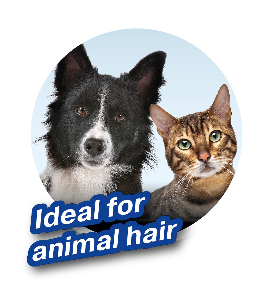 Ein Hund und eine Katze in einem Kreis mit Text, ideal für Tierhaare.
