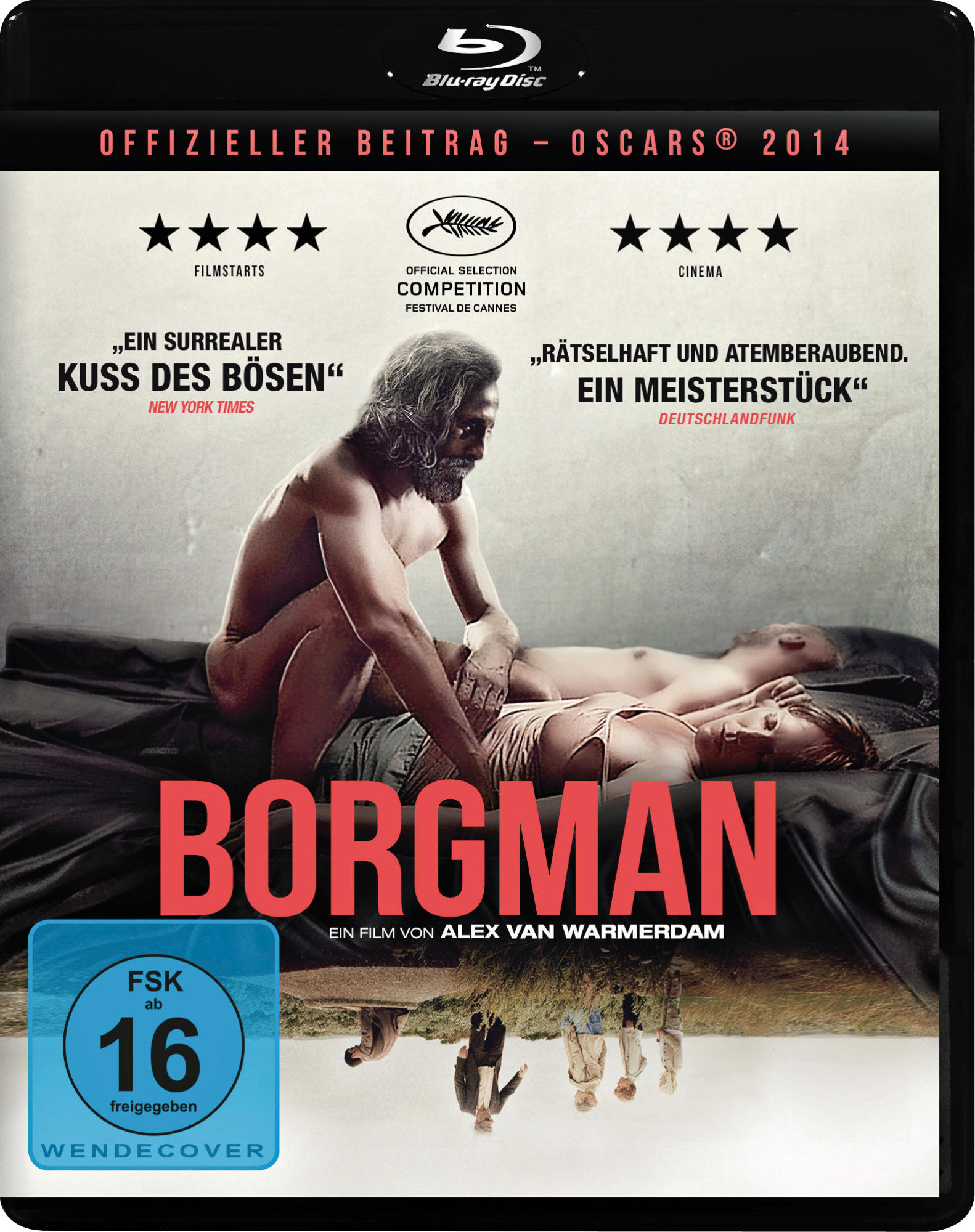 Blu-ray-Cover von 'Borgman', mit zwei Personen auf einem Bett in dunkler und surrealer Atmosphäre.