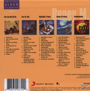 Albumcover mit verschiedenen Albumcovern und Titellisten für Boney M. und dem Sony Music Logo.