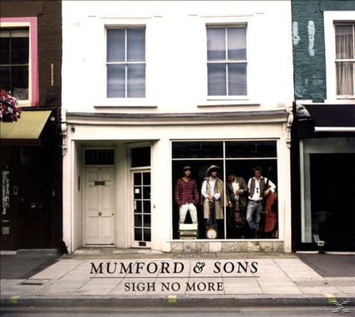 Pochette d'album : Mumford & Sons, 'Sigh No More', avec une vitrine de magasin et les membres du groupe.