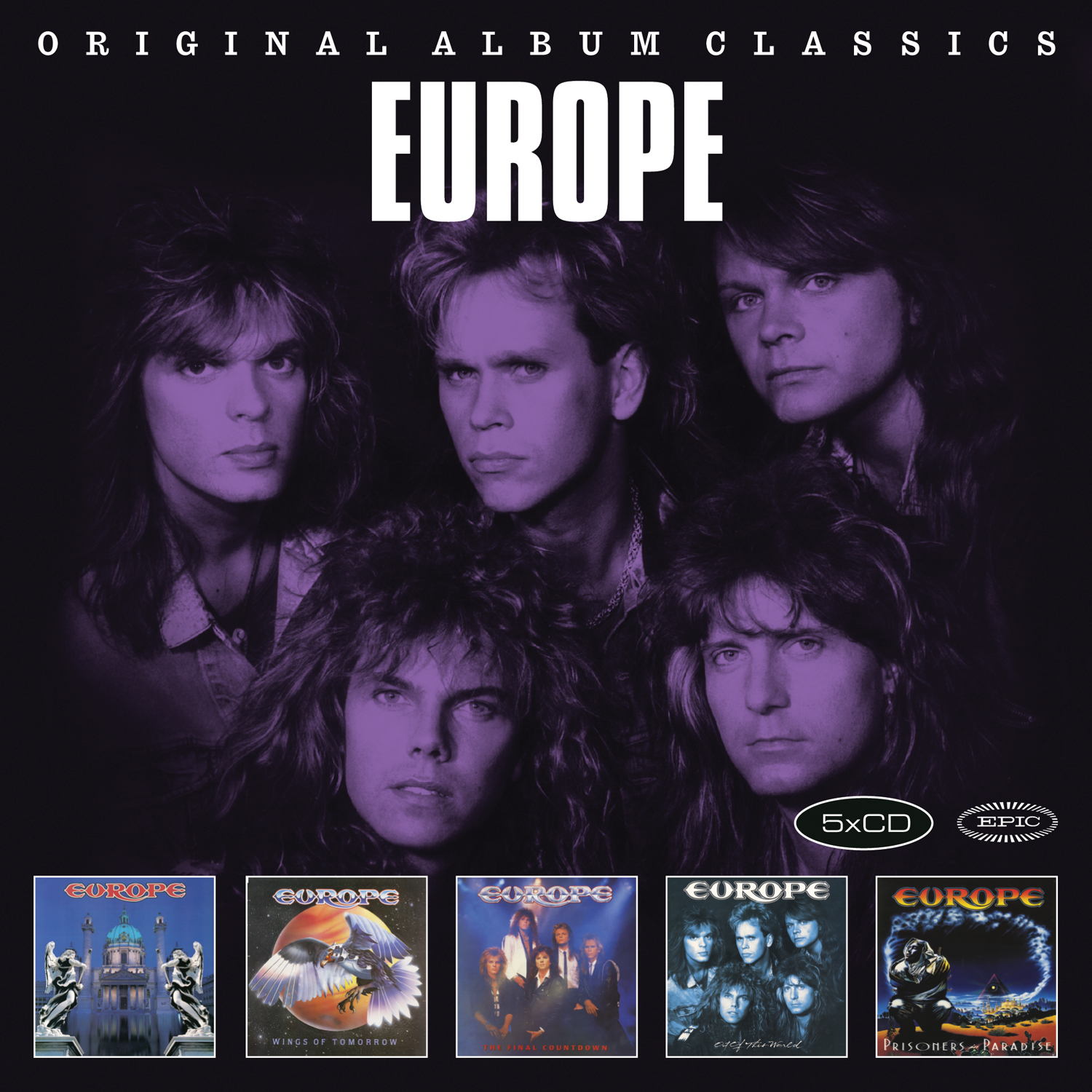 Albumcover der Band EUROPE. Zeigt fünf Bandmitglieder. Fünf kleinere Albumcover befinden sich unten.