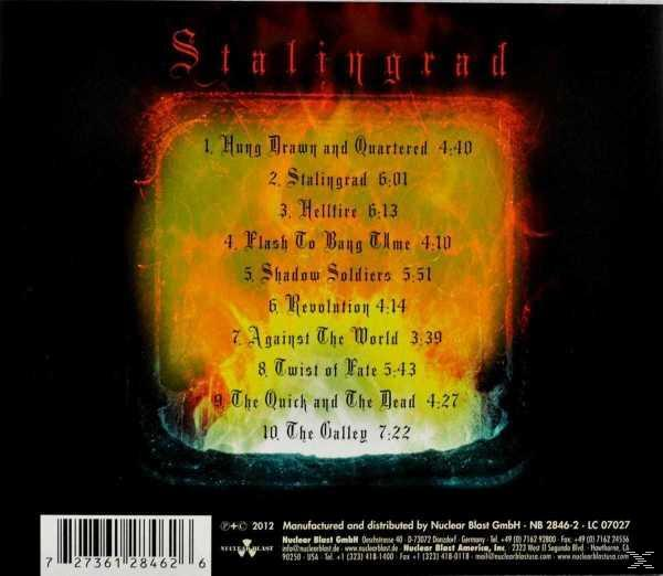 CD-Cover für Stalingrad. Verfügt über einen feurigen, orangefarbenen Hintergrund mit einer Liste der Songs.