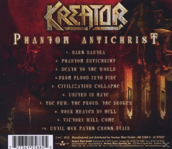 Rückseite des Albums. Kreator, Phantom Antichrist. Titelliste auf dunklem Hintergrund. Eine Person ist im Hintergrund.