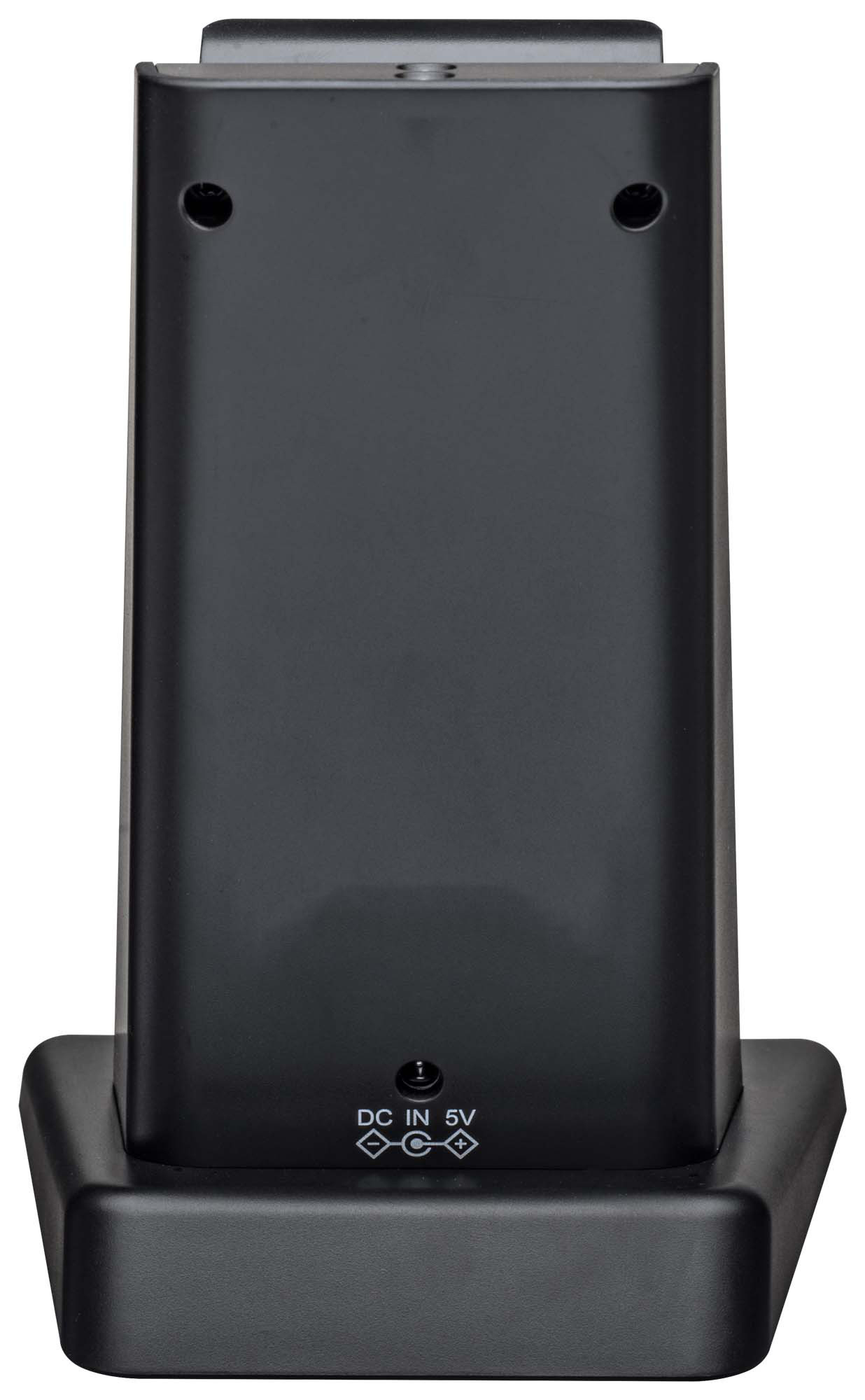 Un appareil noir avec un signe DC in 5V, une base et deux trous sur le dessus.
