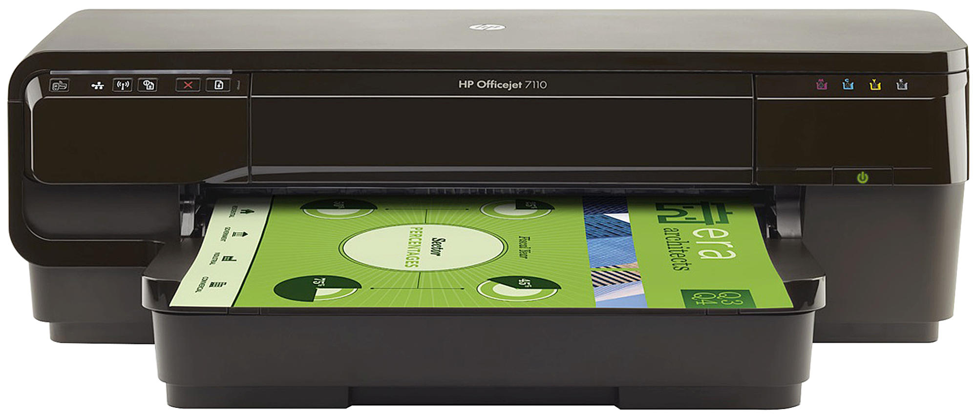 Siyah HP Officejet 7110 yazıcı, kağıt çıkışı ile. Yazıcı bir belge yazdırıyor.