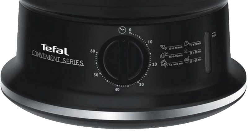 Fekete Tefal készülék időbeállító tárcsával és főzési útmutatókkal.