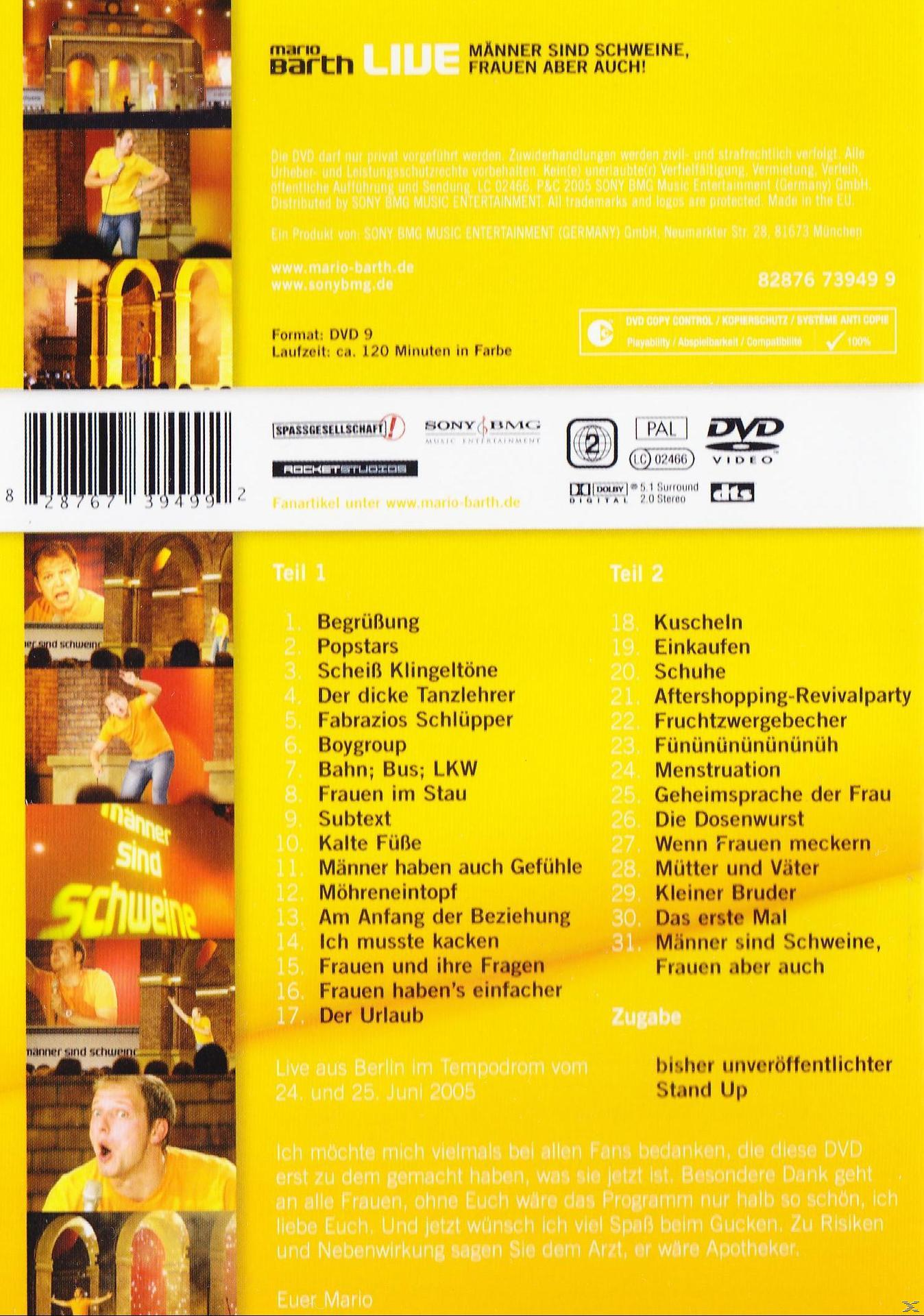 DVD-Cover 'Mario Barth Live'. Schwarzes Cover, Text auf Deutsch, Bild eines Mannes.