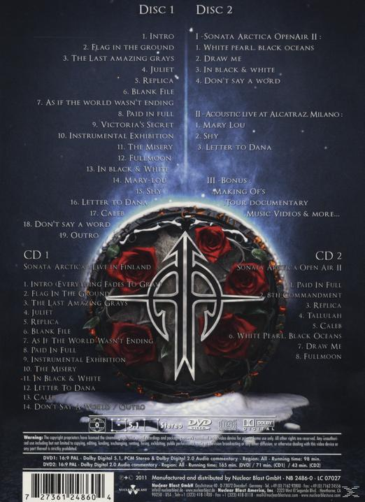 CD-Hülle mit Titellisten und einem dunklen kreisförmigen Emblem mit Rosen.